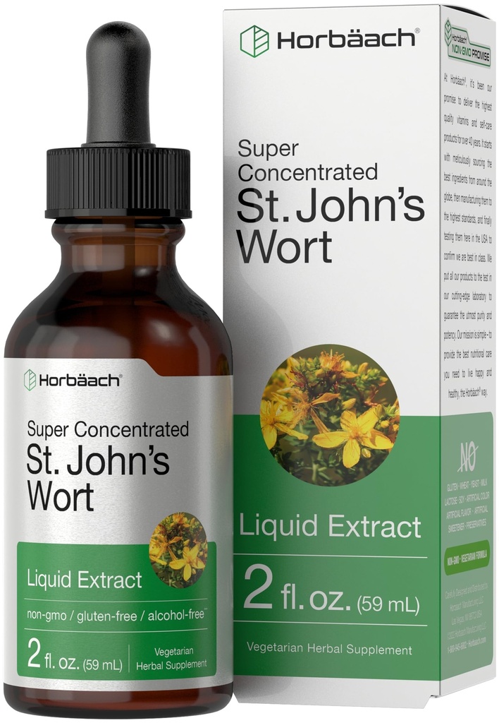 Horbäach St Johns Wort Tinktuur | 2 Fl Oz | Alkoholivaba | Taimetoitlane Vedelik Ekstrakt | Mitte-GMO, Gluteenivaba Lisand