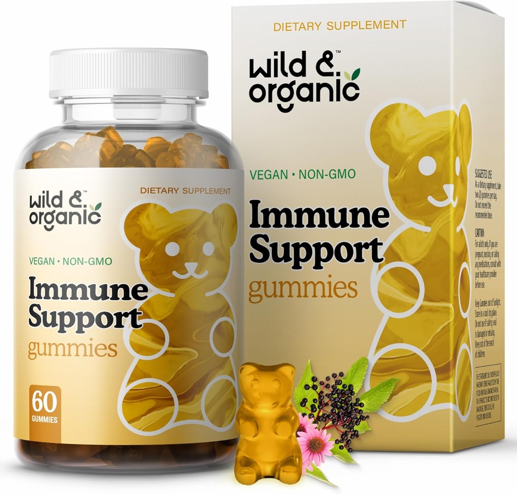 Wild & Organic Immun Support Gummies - Elderberry 1000mg & Vitamiin C 500mg - Natural Immunity Support Supplement - Vegan Immunity Gummies with Vitamin C D Tsink - 60 Count