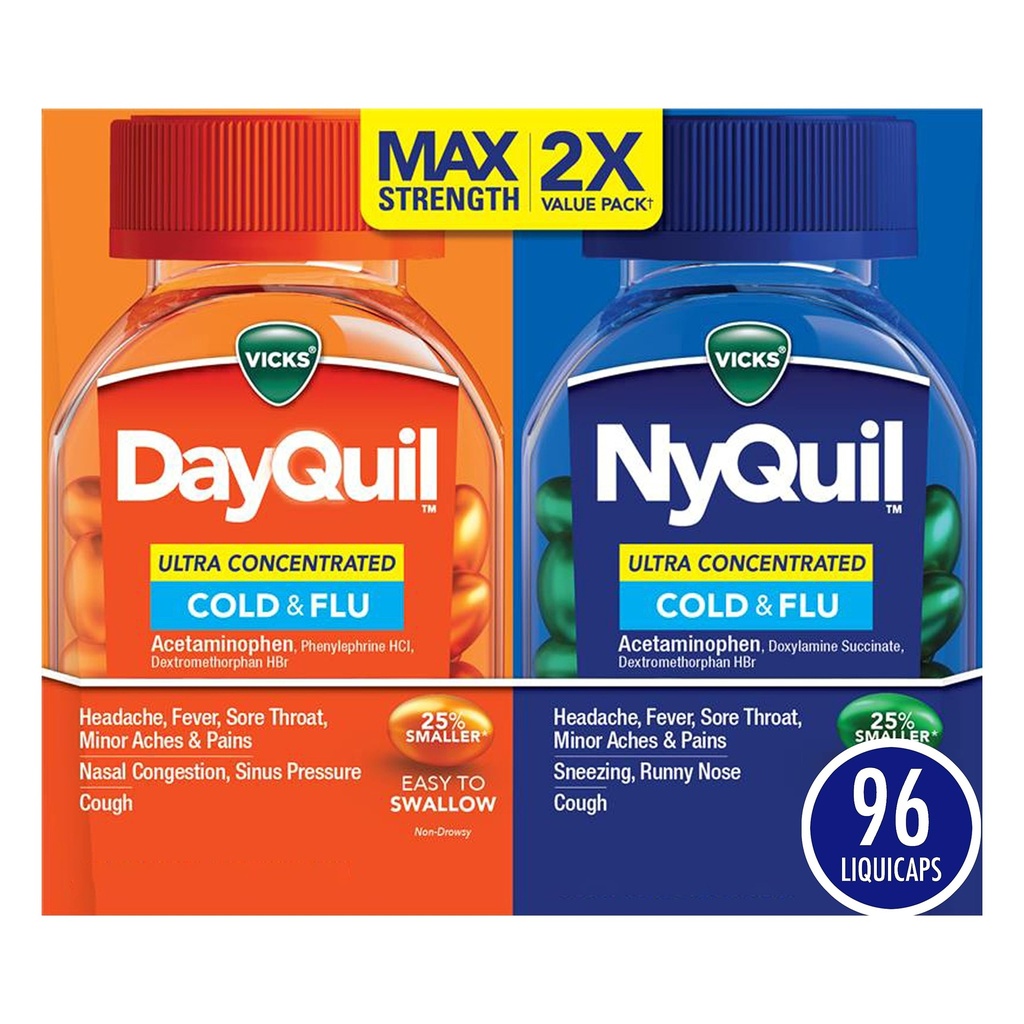 Vicks DayQuil & NyQuil Ultra Concentrated Liquicaps Co-Pack, Cold & Flu Medicine, Powerful Multi-Symptom Daytime & Nighttime Relief peavalu, palavik, valulik kurk, väikesed valud & köha, 96ct