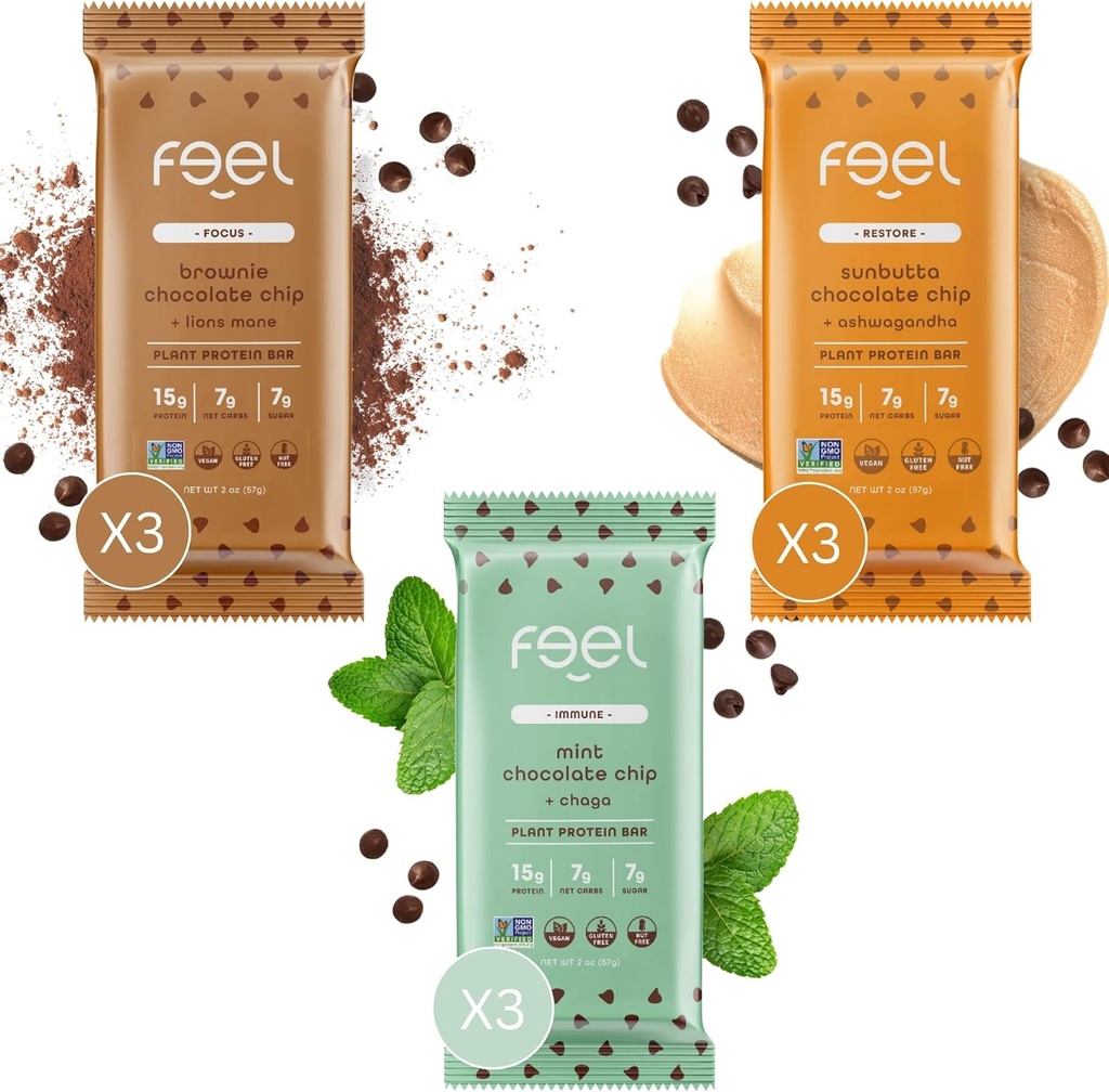 Tunne Vegan Protein Bars | Chocolate Lovers | Keto | Gluteenivaba | Orgaaniline | Lions Mane | Chaga | Ashwagandha | 15g Valk | Madal suhkur | Non GMO | Sunbutta + Brownie + Mint - 9 Pack