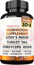 Mushroom Supplement 10x Complex - Lions Mane, Turkey Tail, Cordyceps, Reishi, Chaga, Maitake, Shiitake, Oyster Extract Mushrooms - Nootropic Brain Support Supplements for Memory and Focus