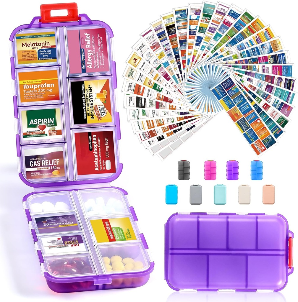 14 Grids Travel Pill Korraldaja Karp 415-Pcs Ravimi nime sildid, Tasku Daily Pharmacy Case konteiner, Travel Medic Holder Dispenser Kit Fish Oil Vitamin Supplement Storage - selge lilla
