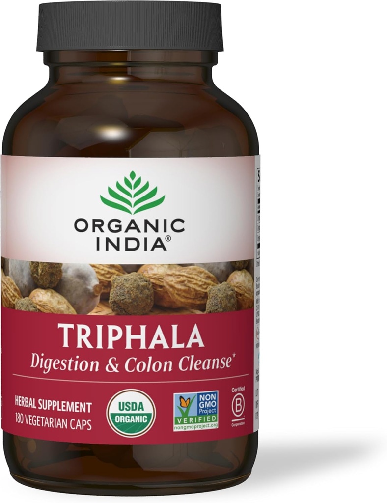 ORGANIC INDIA Triphala kapslid Orgaanilised - taimsed toidulisandid Amla, Bibhitaki, Haritaki, Seedimine ja Colon Support, Immuunsüsteemi tugi, Adaptogen, Vegan, USDA sertifitseeritud orgaaniline - 180 kapslit