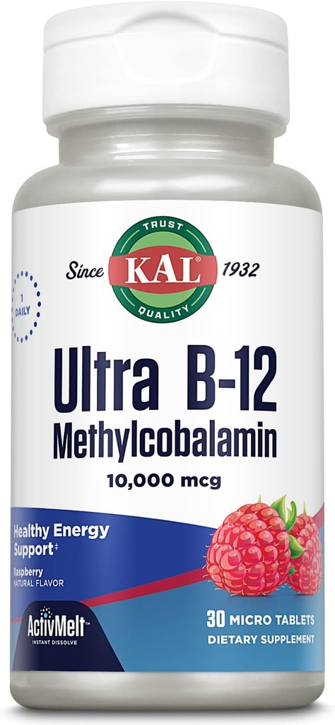 KAL Ultra B12 Metüülkobalamiin 10 000 mcg, kõrge tugevusega vitamiin B-12 tervislikuks energiaks, ainevahetus, närvilisus, punaste vereliblede tugi, * looduslik vaarikamaitse, taimetoitlane, 30 mikrotabletti, 30 serveerimist