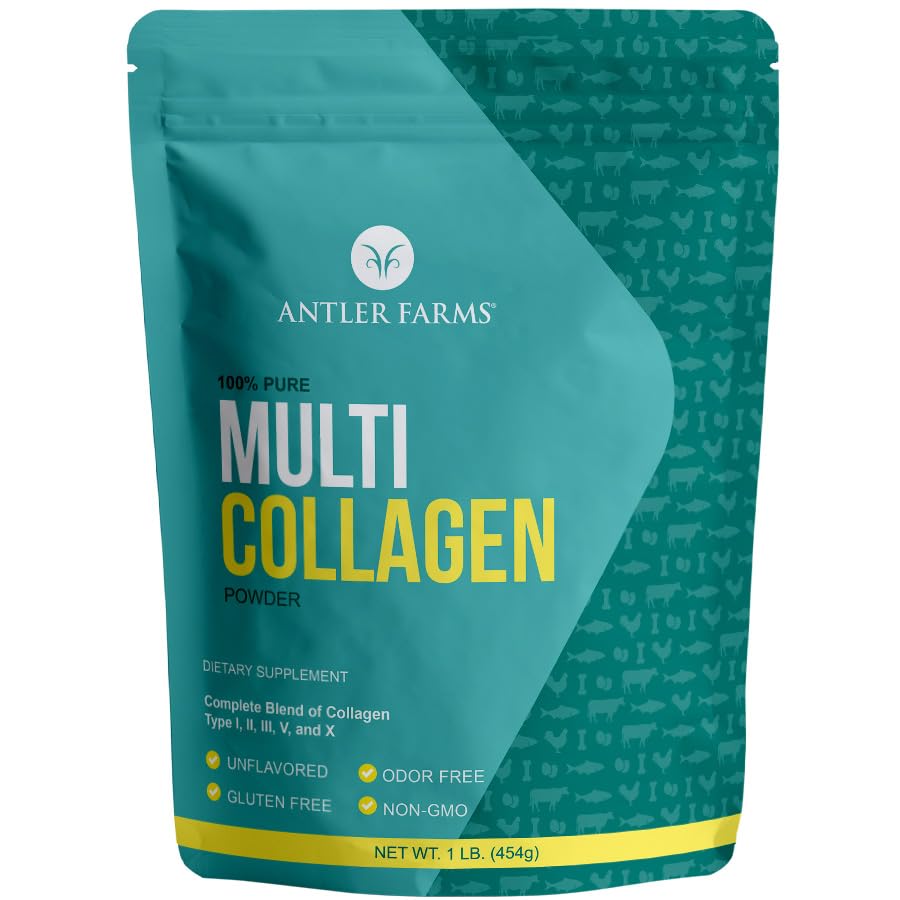 Antler Farms - Multi kollageeni valgu pulber - 5 tüüpi (I, II, III, V ja X) 100% puhas hüdrolüüsitud kollageeni peptiidid meestele ja naistele - biosaadav, kiire imendumine - maitsestamata - 1 naela