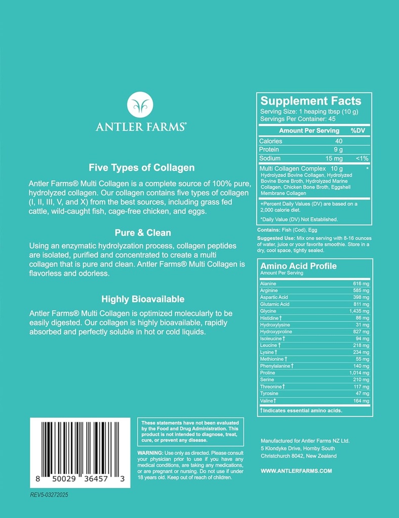 Antler Farms - Multi kollageeni valgu pulber - 5 tüüpi (I, II, III, V ja X) 100% puhas hüdrolüüsitud kollageeni peptiidid meestele ja naistele - biosaadav, kiire imendumine - maitsestamata - 1 naela