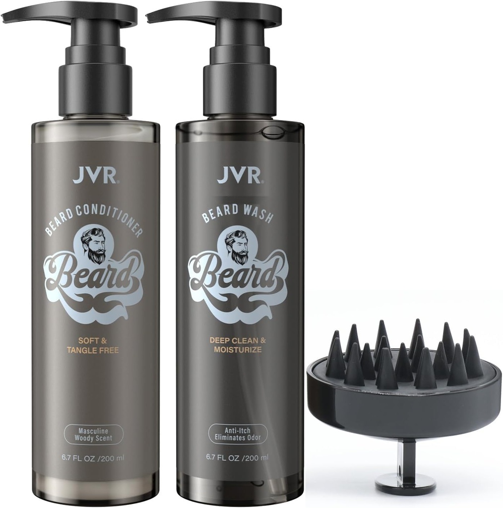 JVR Beard Wash and Beard Conditioner for Men, Beard Shampoo Cleanse and Reduces Frizz, Soften & Strongs, Organic with Coconut, Aloe, Provides Shine for Dry & Coarse Beards, Beard Care (6,7oz)