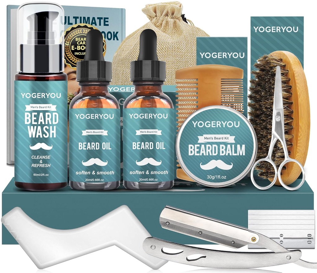 Habemekomplekt, habemehoolduskomplekt meestele W/Straight Razor,2 PACK habeõli, pesu, palsam, pintslid, kamm, käärid Mehed Sünnipäeva jõulukingid meestele