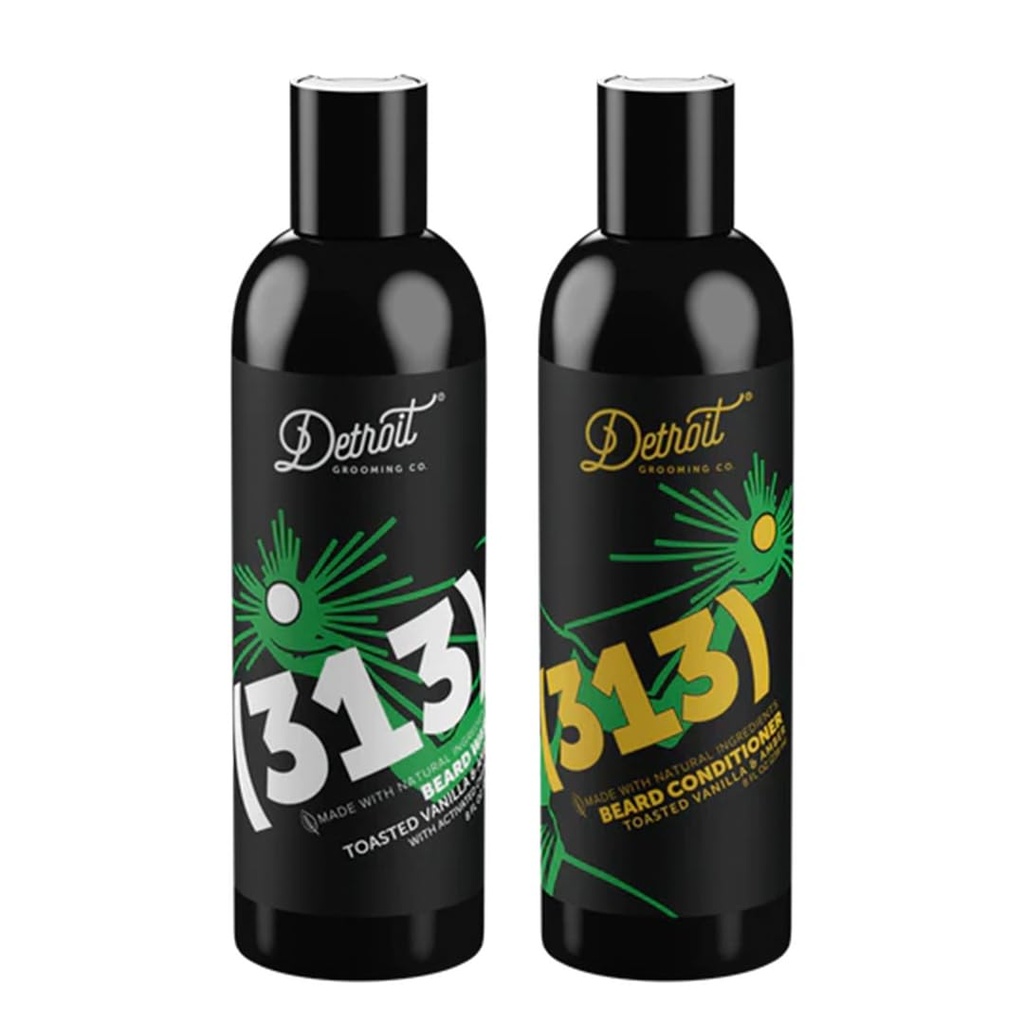 Detroit Grooming Co. Beard Wash and Beard Conditioner - meeste komplekt - pehmed, tugevdused, niisutavad, infundeeritud w/Argan Oil, Apple Extract, & Aloe Vera - Röstitud Vanilla Amber Lõhn - 313-8oz
