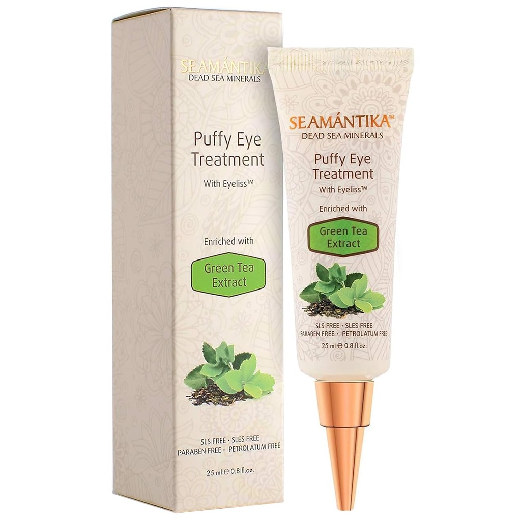 Puffy Eye Treatment Kiired tulemused - Looduslikult kõrvaldage kortsud, punetus, tumedad ringid ja kotid minutites - Hüdratiivne silmakreem w / roheline tee ekstrakt, Surnud mere mineraalid SEAMANTIKA - .8 fl.oz.