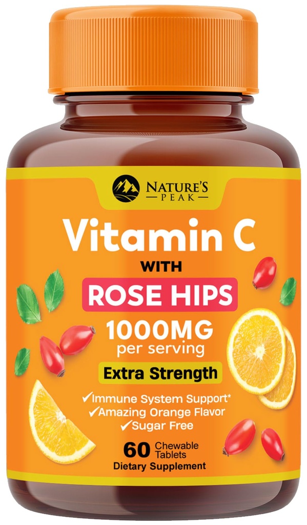 Vitamiin C 1000mg närimistable Supplement - ekstra tugevus Immuunsüsteemi toetamine C-vitamiini toidulisand Rose HIPS, Looduse C-vitamiini antioksüdantide tugi, looduslik, vegan, oranž maitse - 60 tabletti