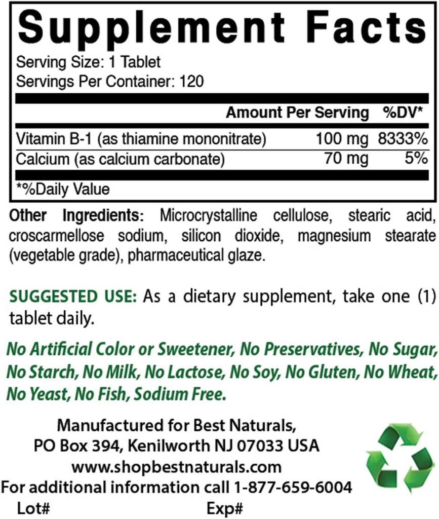 Parimad looduslikud B1-vitamiin kui tiamiinmononitraat 100 mg ja vitamiin B-6 25 Mg