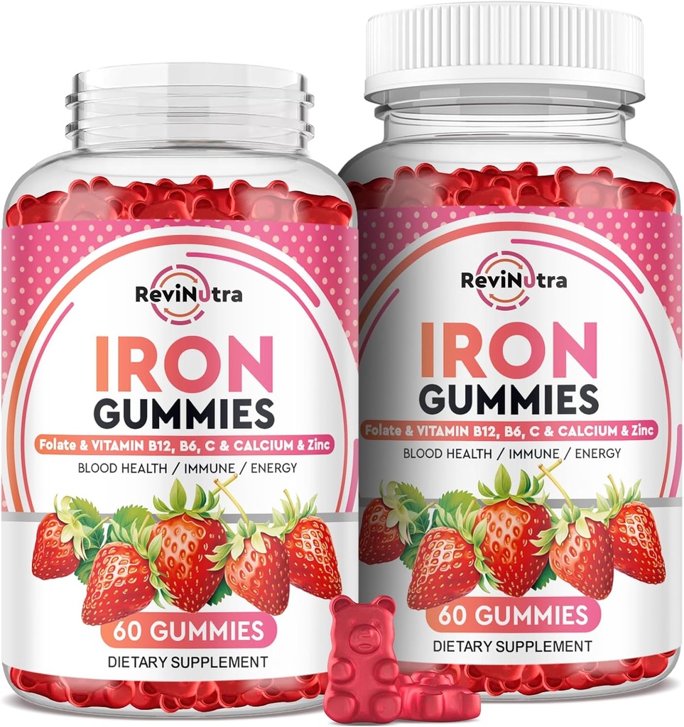 Raudkummid - koos kaltsiumi, tsingi, folaadi ja vitamiiniga B12, C, B6 täiskasvanutele ja lastele - vereehitaja ja energiatoetus rauapuuduse, aneemia, vegan - 2 Pack Maasikas Maitse, 60 Gummies