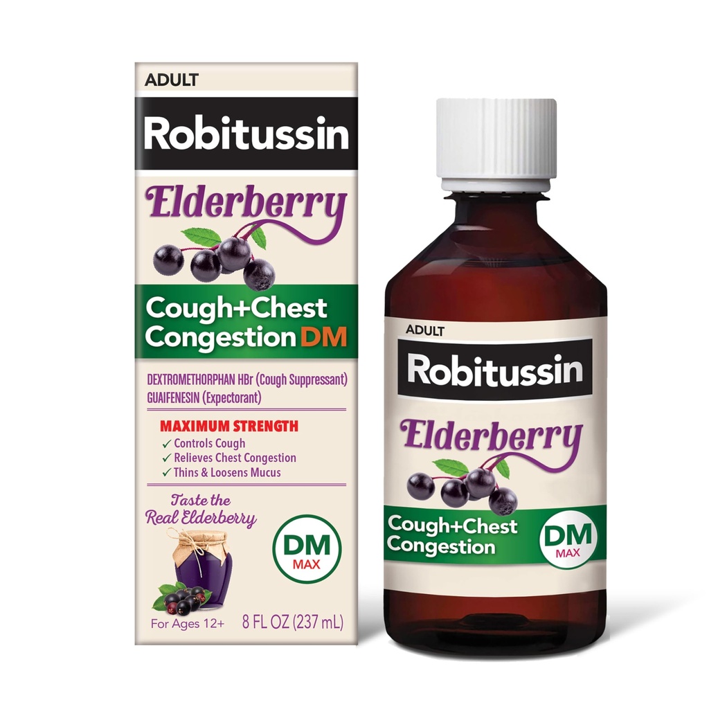 Robitussin Maksimaalne tugevus Elderberry Cough Plus Rindkere ummistus DM, köha supressant täiskasvanutele, vedela köha ja rindkere ummistuste leevendamine - 8 Fl Oz