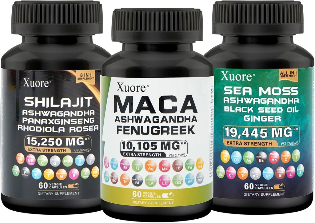 Bundle of Sea Moss,Shilajit,Maca, Black Seed Oil, Ashwagandha, Ingver, Shilajit, Rhodiola Rosea, Panax Ginseng, Maca Root, lambalääts, Trifibranol100X,All in 1 Supplements (1 Pack)