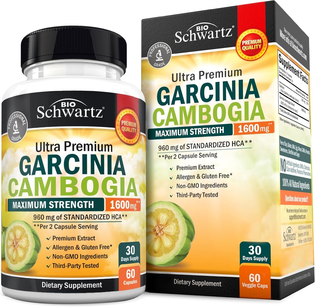 Garcinia Cambogia Weight Loss Pills - Maximum Strength Appetite Suppressant & Fat Burner for Men & Women - 1600mg Natural Extract & 960mg HCA - Metabolism Booster & Carb Blocker Capsules - 60Ct