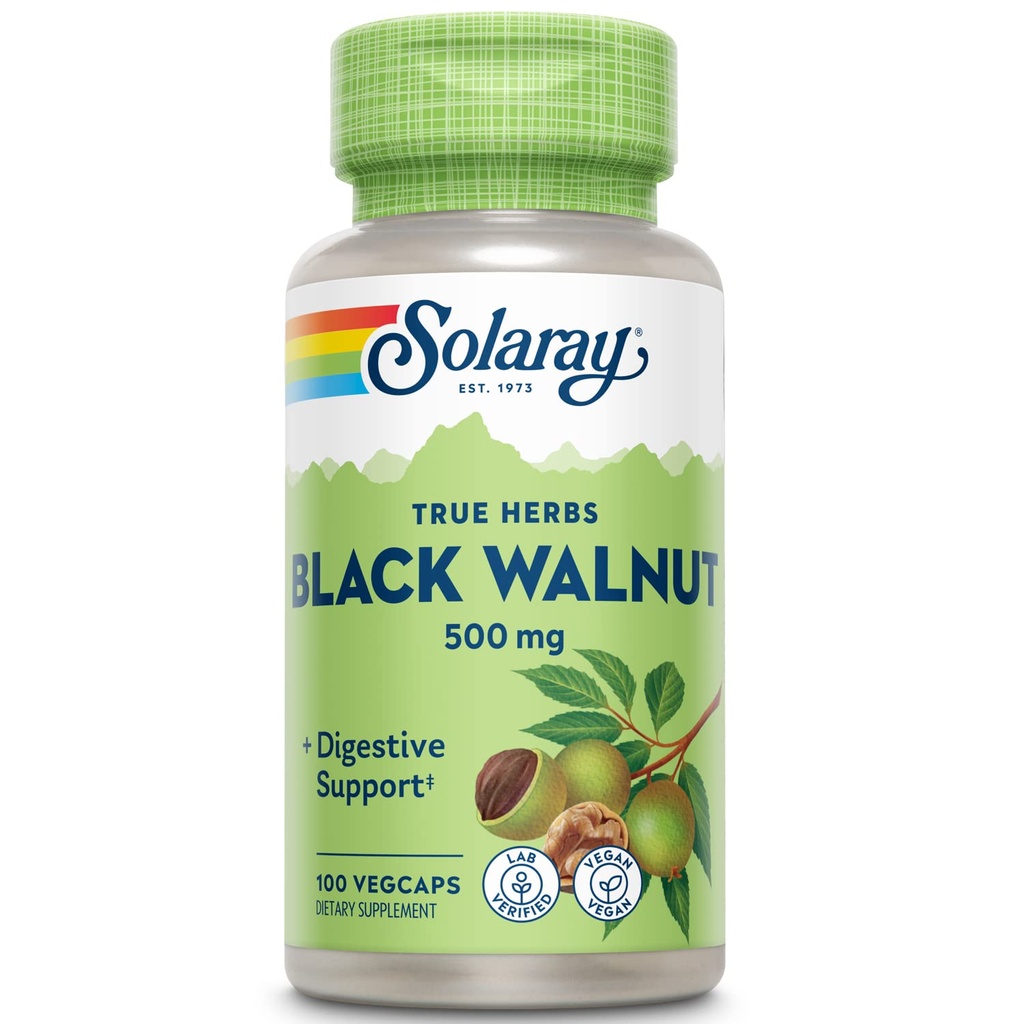 SOLARAY Black Walnut 500 mg - Whole Hull - Traditsiooniline Taimne Toetus Valem - Non-GMO Kontrollitud, Vegan, Lab Kinnitatud - 60-päevane garantii - 100 Servings, 100 VegCaps