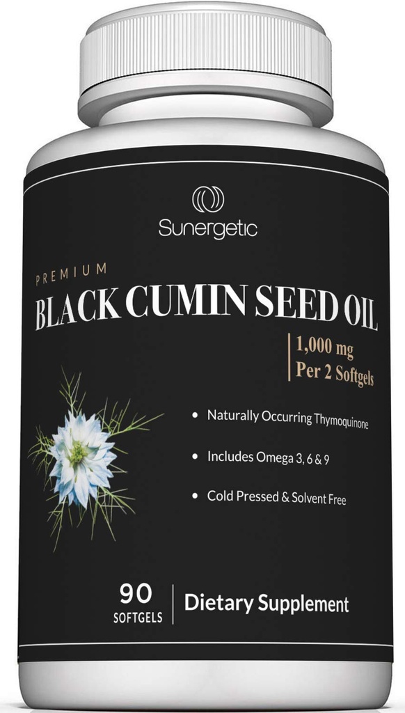 Sunergetic Premium Black Cumin Seed Oil Softgels – 1000 mg Black Seed Oil Per Serving – Non GMO Cold Pressed Nigella Sativa – Sisaldab Tümokinone & Omega - 90 Softgels