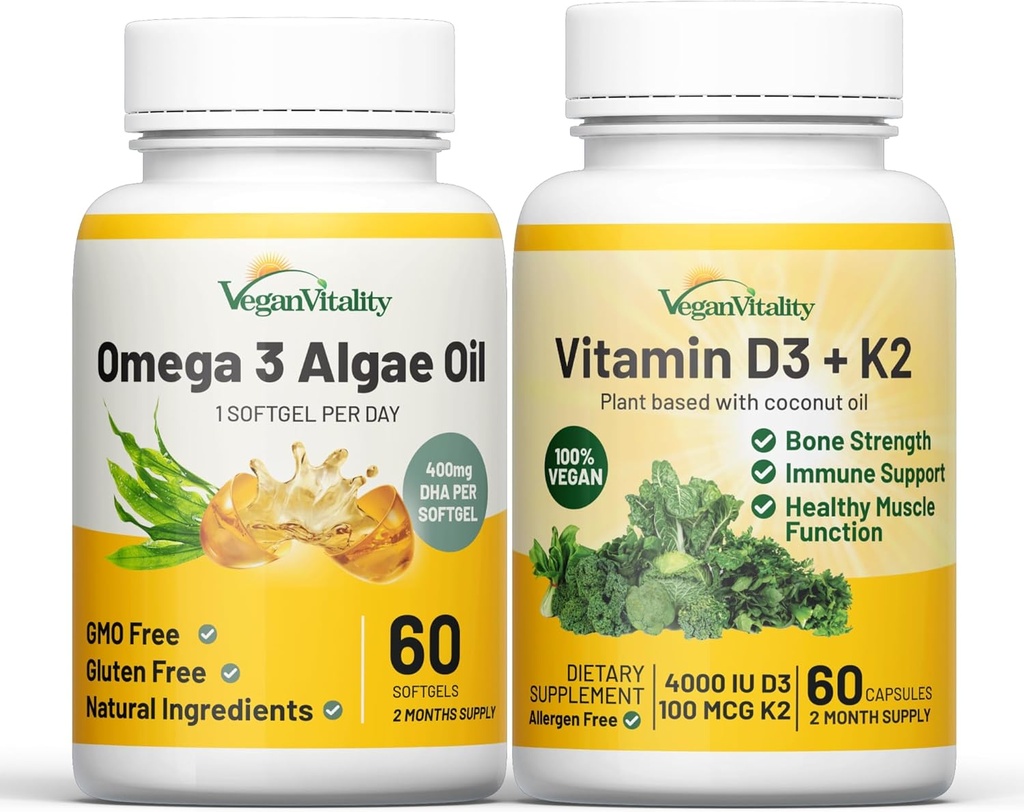 Vegan Vitality Health Booster Bundle - Vegan D3 + K2 ja Vegan Omega 3 vetikaõli. Kõrge tugevusega taimepõhine valem immuunsuse, energia üldine tervis Veganid ja taimetoitlased