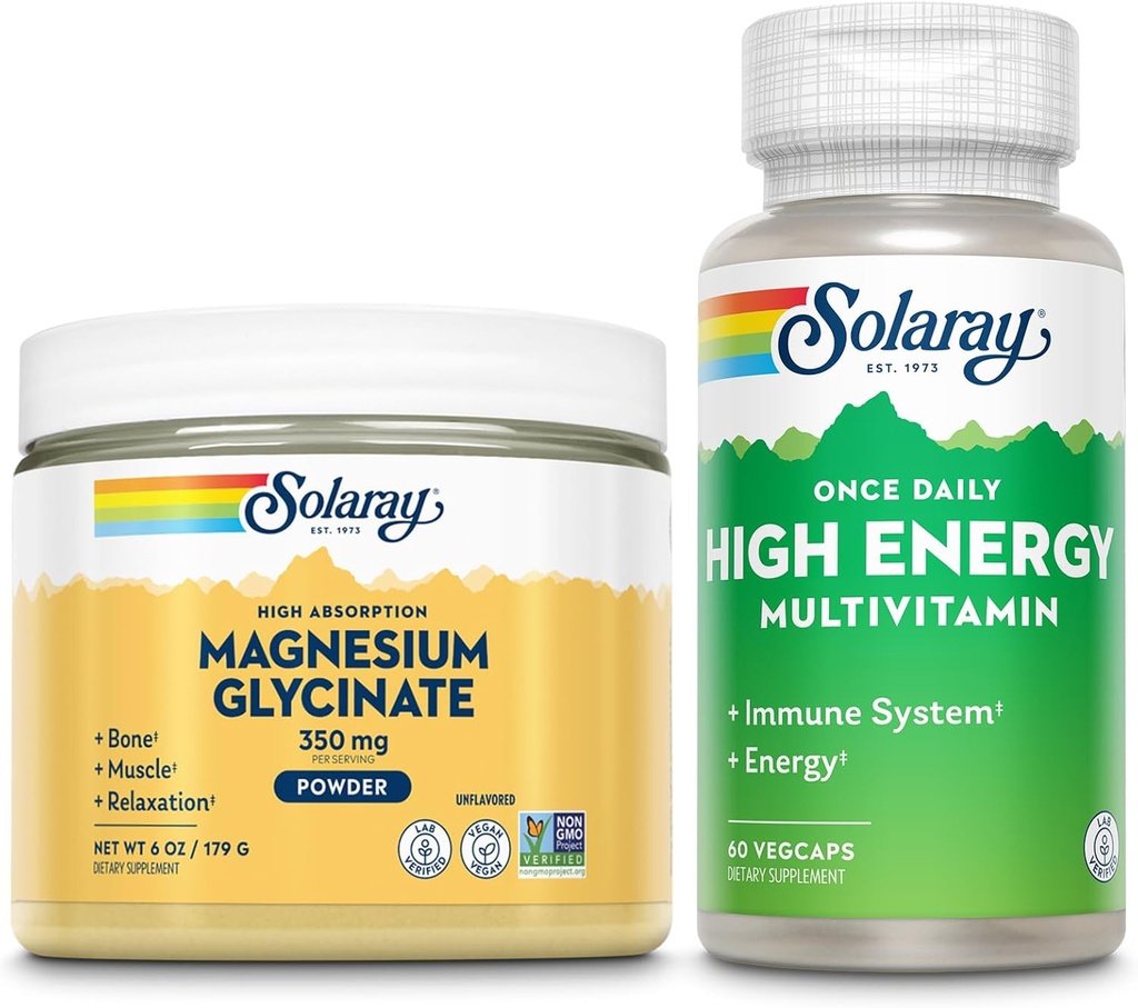 SOLARAY Magneesium Glütsinaat Pulber 350mg ja kõrge energiaga multivitamiinipakett - Kelaaditud magneesium ja üks kord päevas multi - luude tervis, lihased, süda ja immuunsus, 60-päevane garantii, 6oz / 60ct