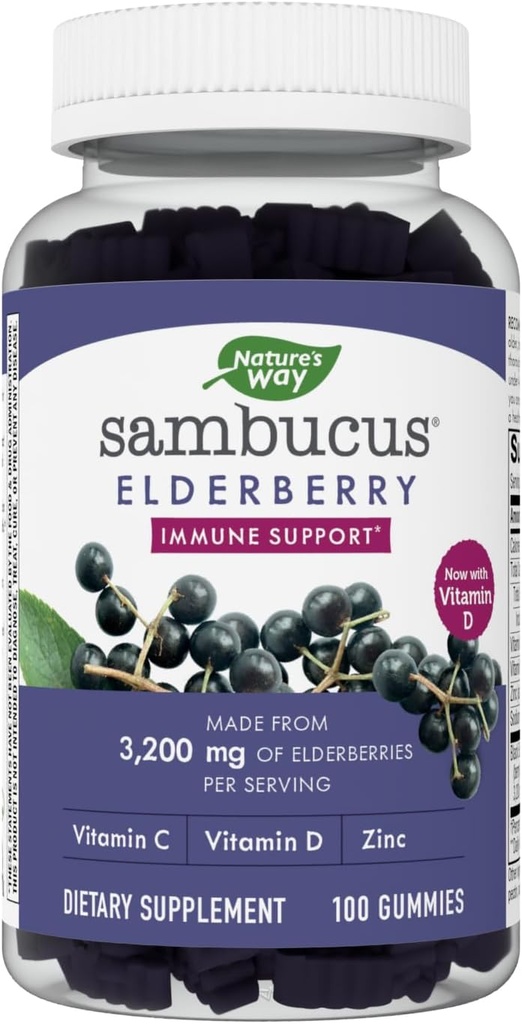 Nature's Way Sambucus Elderberry Gummies - Immuunsüsteemi täiendus lastele ja täiskasvanutele * - vitamiinide C, D3, tsink ja antioksüdantide tugi * - gluteenivaba ja taimetoitlane - 100 kummikut