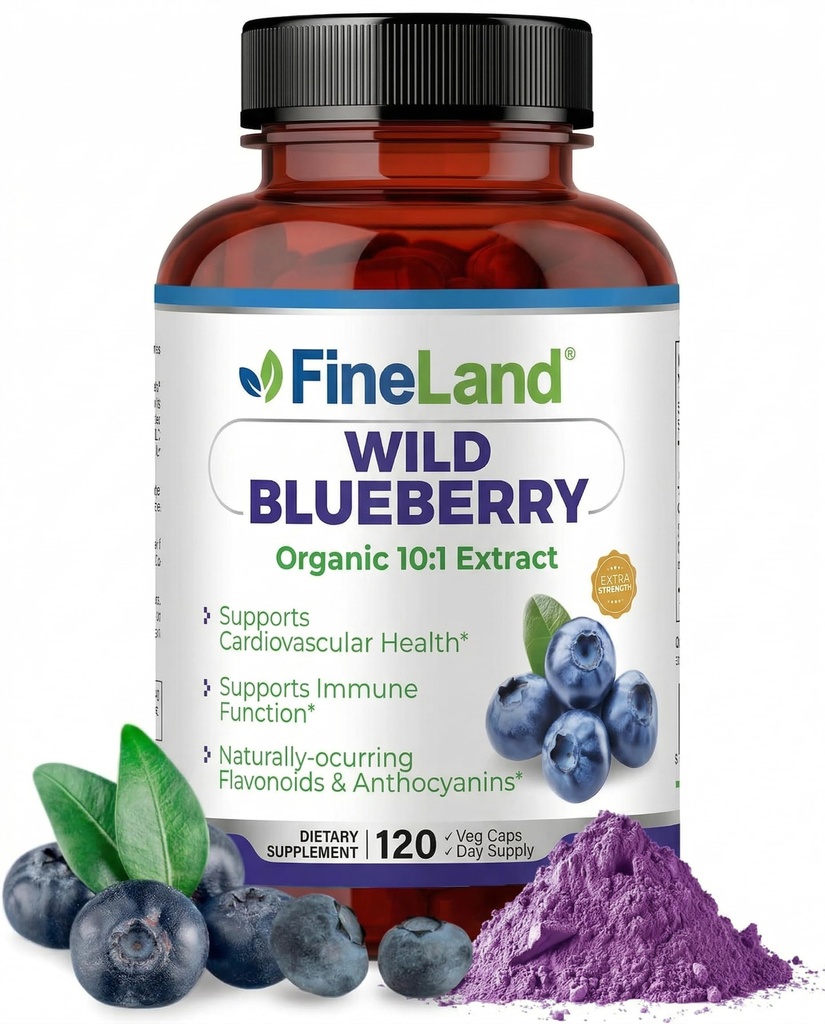 FineLand Wild Blueberry 10: 1 Ekstrakt, 6000 mg Tugevus, 120 Vegan Kapslid, rikas Flavonoidid ja Antotsüaniinid, Antioksüdant Toetus Aju Ja Südame Tervis, 4-kuuline Varustus, Mitte-GMO Valmistatud USAs