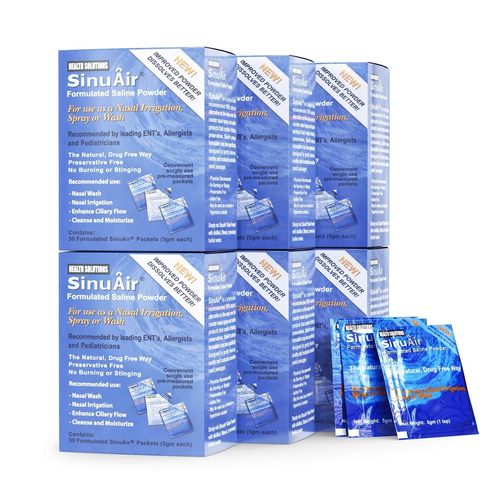 SinuAir Sinus Rinse Soolalahus - soolapulber SinuPulse süsteemi jaoks, Neti Pot Flush, Nasaalse Pesu pressimise pudel, & Nina niisutamine, täiustatud koostis ja puhastamine siinuste jaoks, 180 paketti