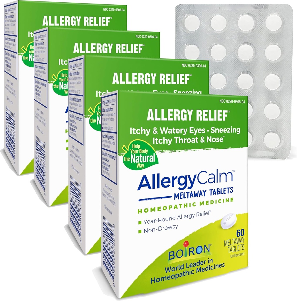 Boiron AllergyCalm Tablets 240 Loendada, leevendust allergia ja heinapalavik Sümptomid aevastamine, Runny nina, sügelevad silmad, kurguvalu, allergia Calm Tabs (varem RhinAllergy) (pakk 4 60ct Boxes)