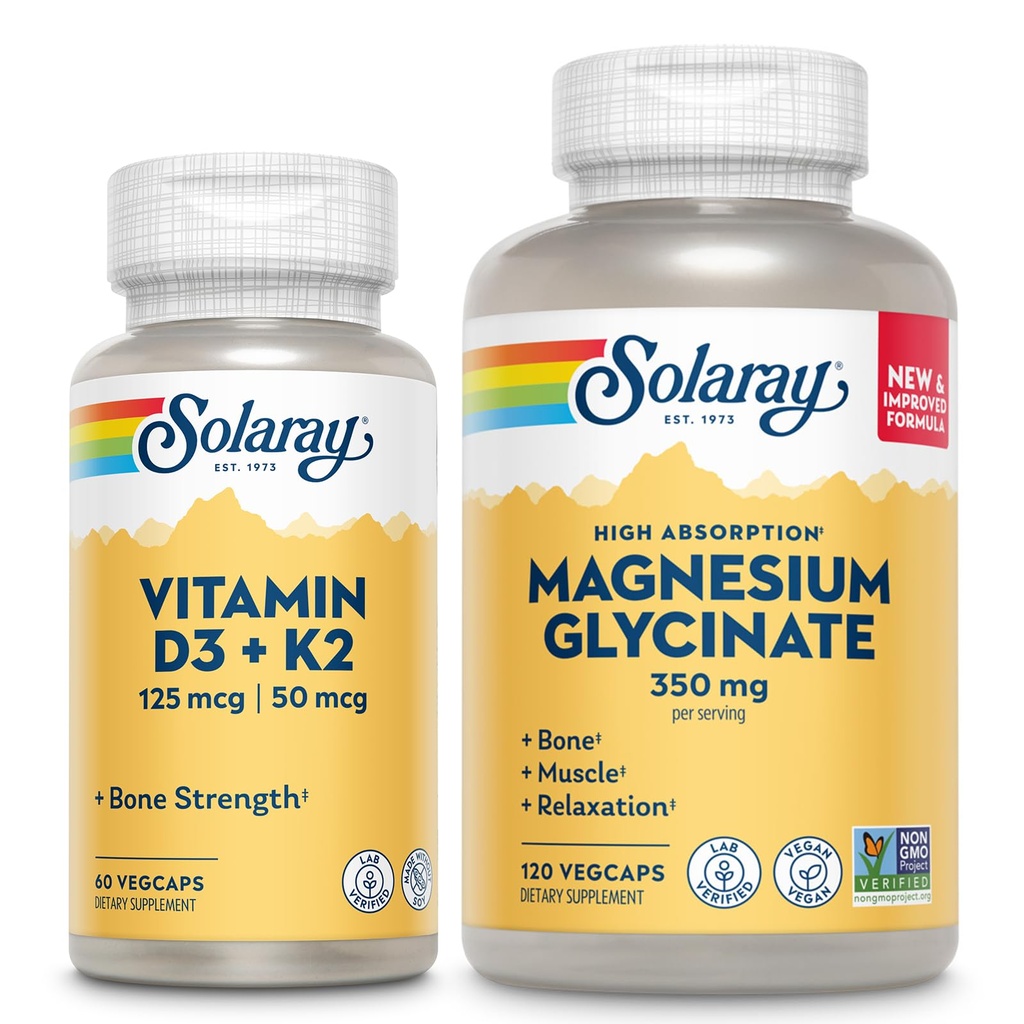 SOLARAY Vitamiin D3 K2 ja magneesiumglütsinaat - Luude tervise komplekt - Kaltsiumi imendumine, närvi, südame ja immuunsüsteemi tugi w/ 5000 IU D-vitamiin, 350mg Kelaaditud magneesium, 60-päevane garantii, 60ct / 120ct