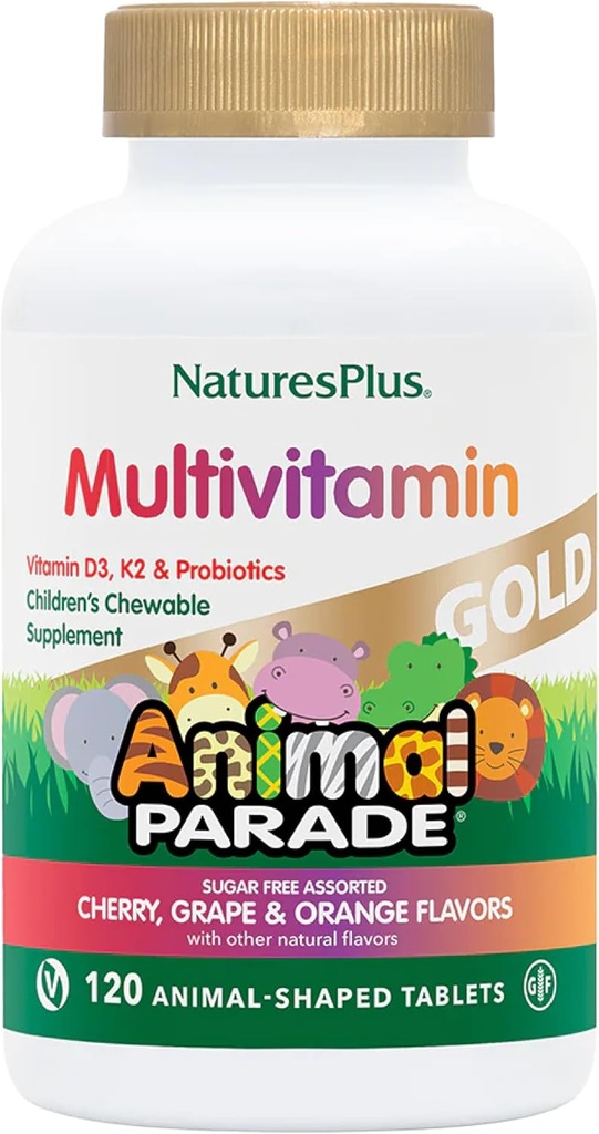 NaturesPlus Animal Parade Gold Laste multivitamiinid - sorteeritud kirss, apelsin ja viinamarjamaitsed - 120 loomakujulist närimistabletti, pakend 3 - vegan, gluteenivaba - 180 kogu serveerimist