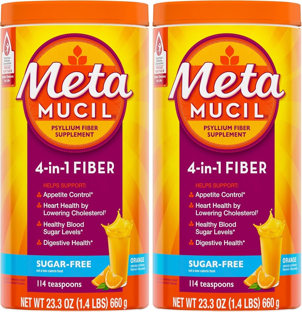 Metamucil, Daily Psyllium Husk Pulber Toidulisand, Suhkruvaba Pulber, 4-in-1 Fiber Seedetrakti Tervis, Apelsini Maitsestatud Jook, 114 teelusikatäit, 1,4 Nael (Pakk 2)