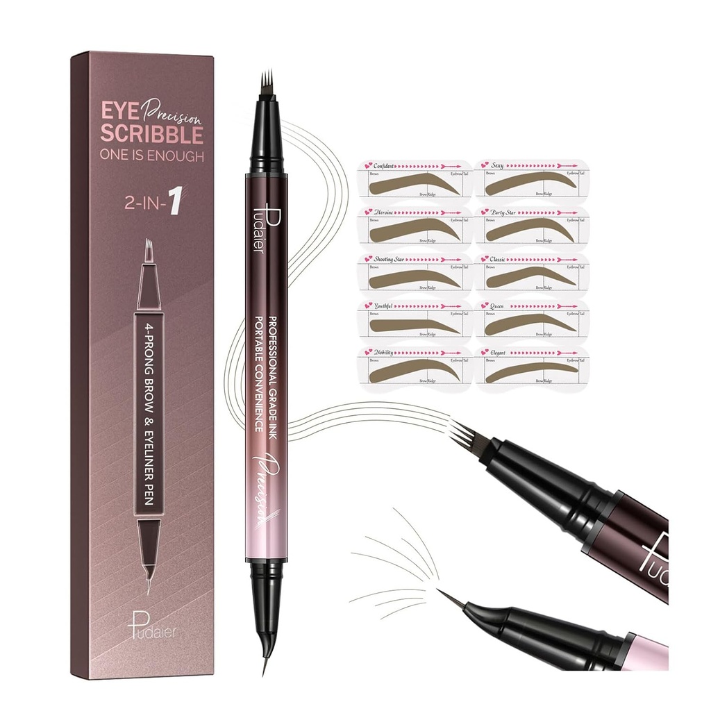 Pudaier 2-in-1 kõverdunud kulmupliiats ja silmapliiats 10Pcs Brow Stencils, Microblading Kulmupliiats, Veekindel Ja Pikk Kestvus, Trühvel