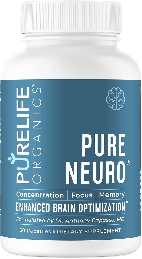 PureLife Orgaanilised Puhtad Neuro - Täiendus Aju Udu, Mälu Tugi Ja Keskendumise Suurendamiseks - 30 Päeva Pakkumine - 60 Vegan & Gluteenivabad Kapslid - Arst Formuleeritud Aju Tervise Tugi