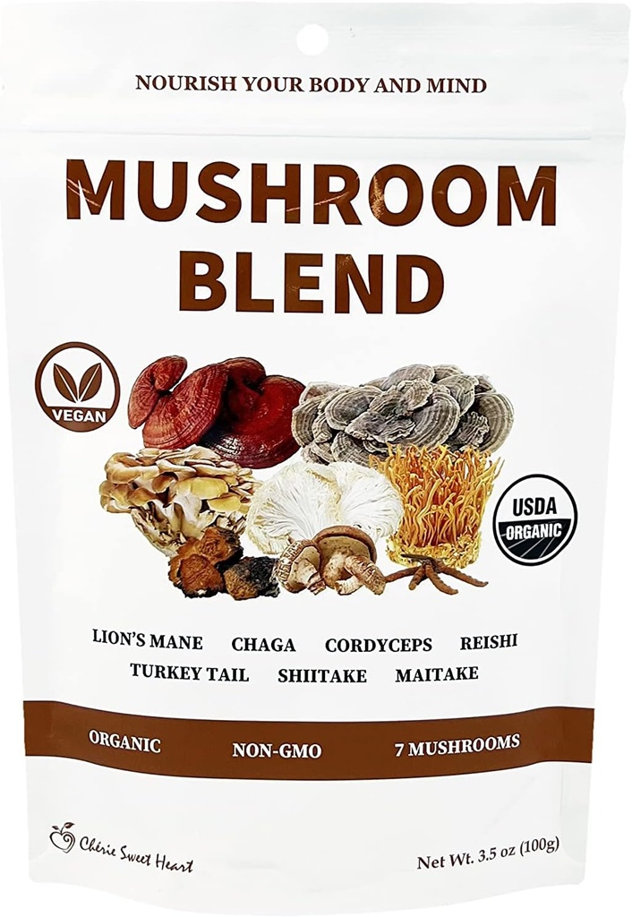 Cherie Sweet Heart 7 Seeneekstrakti pulber – USDA orgaaniline supertoidusegu koos Lion's Mane, Reishi, Cordyceps, Maitake, Shiitake, Türgi saba & Chaga – Vegan, Non-GMO, Gluteenivaba – 3,5 oz