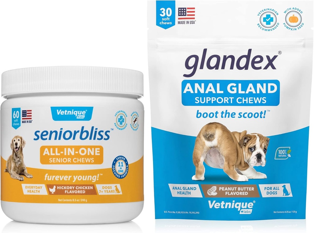 VETNIQUE Seniorbliss All-in-One Multivitamiini närimiskoogid vanematele koertele (60ct) ja Glandex Anal Gland Support Maapähklivõi Pehmed närimiskoogid koertele (30ct)