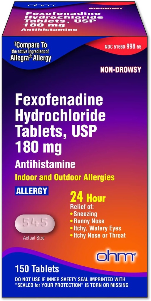 Ohm Allergia Ravim Feksofenadiin 180mg - 24-tunnine aevastamise ja allergia sümptomite leevendamine, mitte-uimastamine - 24-tunnised antihistamiini tabletid tõhusaks leevendamiseks - 150 loend (ühekordne pakend)