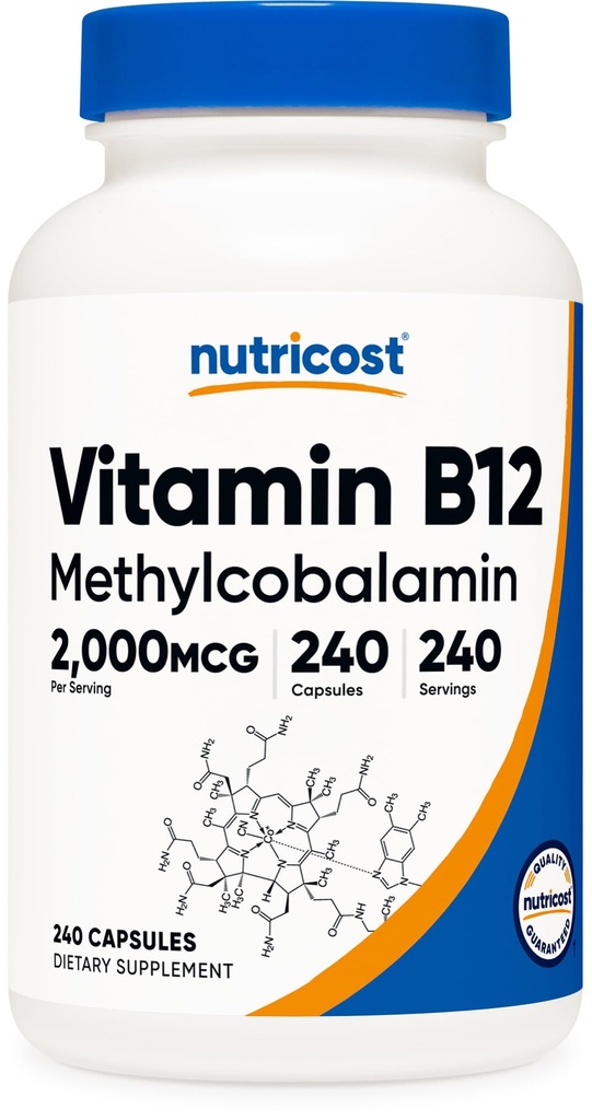 Nutrikostiin Vitamiin B12 (metüülkobalamiin) 2000mcg, 240 kapslit - taimsed kapslid, mitte-GMO, Gluteenivaba B12 täiendus