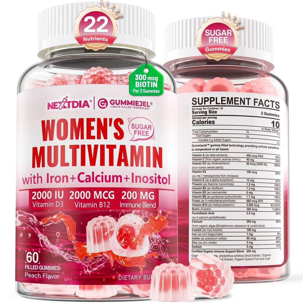 Metüülitud multivitamiin naistele Kummid, kaltsium, D3 K2, Metüülfolaat & B12, inositool, igapäevane vitamiin A, C, E, B kompleks, biotiin, raud - energia, immuunsus, luu, nahk, juuksed - vegan, suhkruvaba, 60 loend