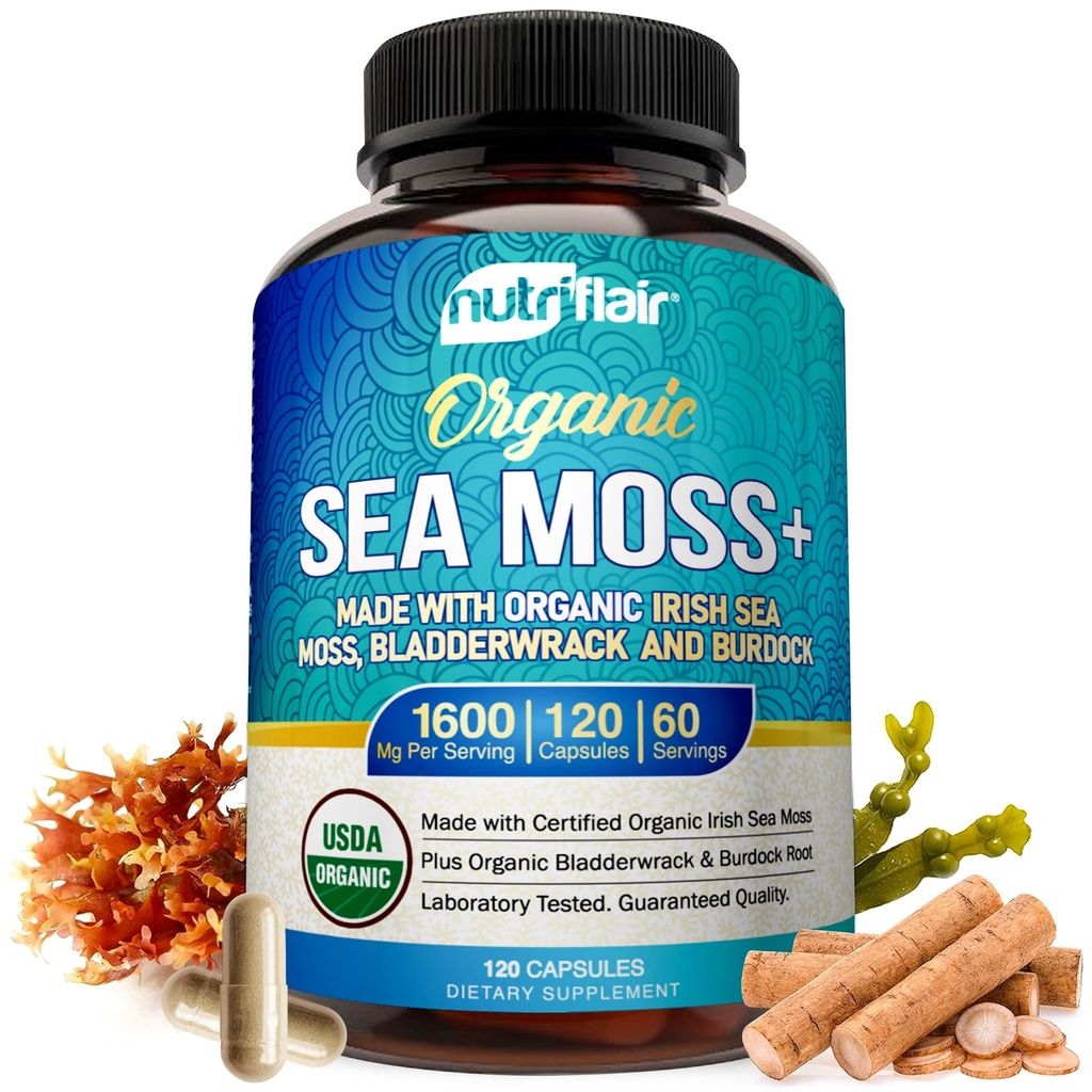 NutriFlair Organic Sea Moss 1600mg, 120 Kapsleid Plus Põiewrack & Burdock - Prebiootiline Super Food - Immuunsüsteem & Seedetrakti Tervis - Kilpnäärme, Tervislik nahk, Keto Detox, Gut