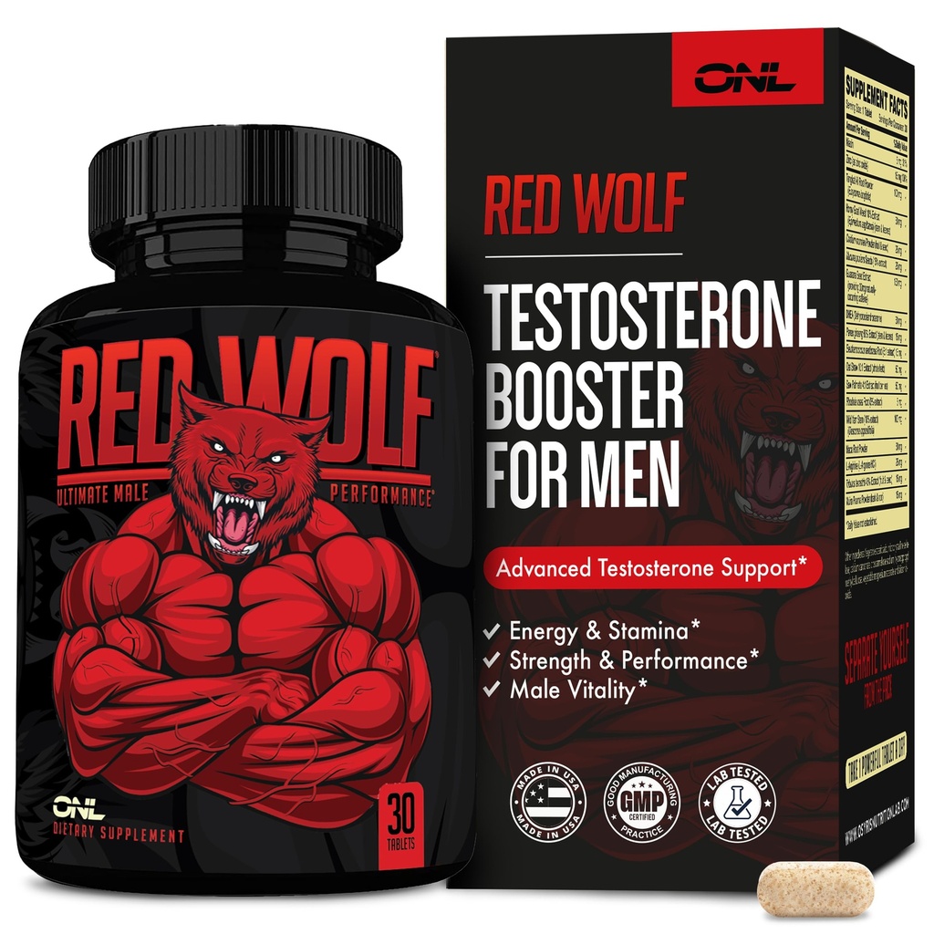 ONL Red Wolf Testosteroon Booster meestele - Ultimate meeste täiendus suure tugevusega vastupidavusele, energiale ja tugevusele - Testosterooni täiendus meestele - w / Tongkat Ali Male Enhancement - 30 Ct