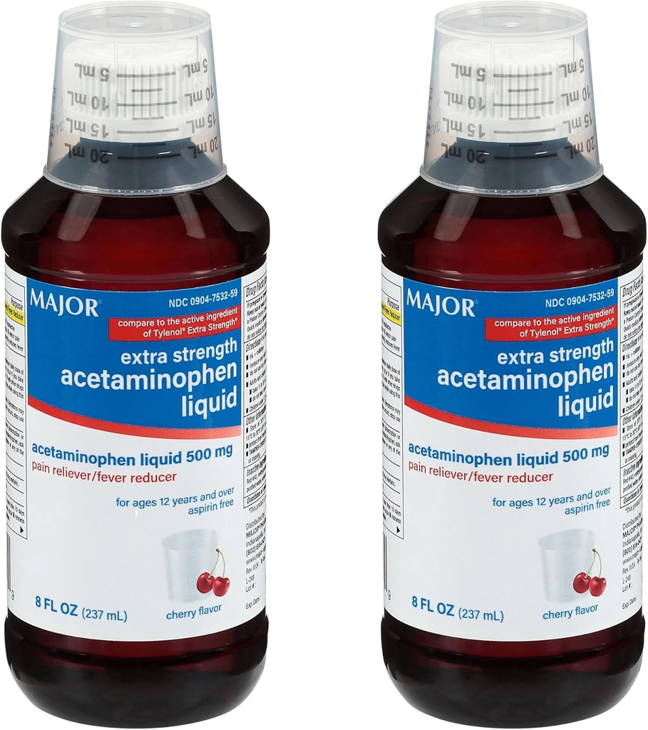 MAJOR Adult Extra Strength Liquid Acetaminophen 500mg - Helps Relieve Pain and Reduce Fevers - Aspirin Free - Cherry Flavor - 8 Fl Oz (2 Pack)