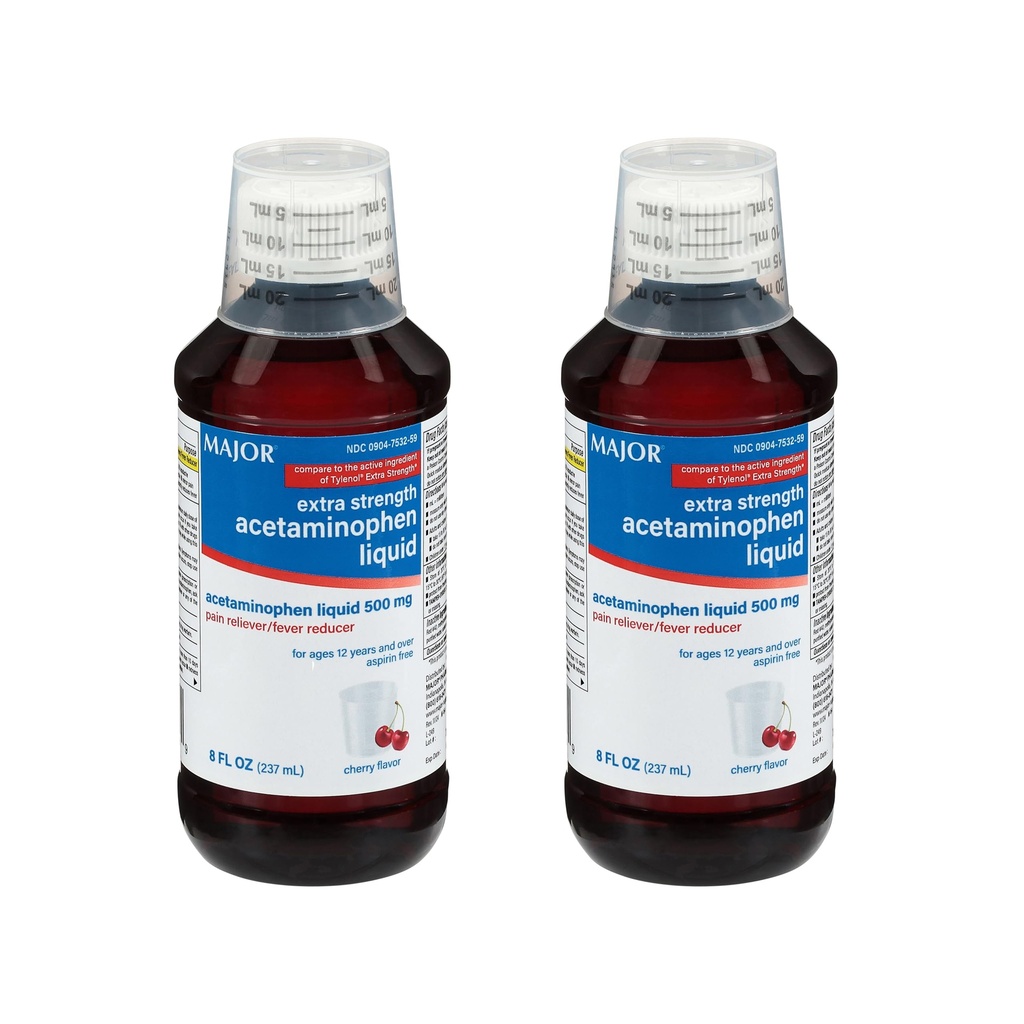 MAJOR Täiskasvanute ekstra tugevus Vedelatsetaminofeen 500mg - aitab leevendada valu ja vähendada palavikku - aspiriinivaba - kirsi maitse - 8 Fl Oz (2 Pack)