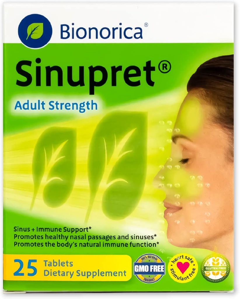 Sinupret Täiskasvanu tugevus Sinus + Immuunsüsteemi toetamine Kõik looduslikud, kiire toimega taimsed ninapassaažid ja immuunsuse suurendamise täiendus koos Verbena & vanema lillega - 25 tabletti