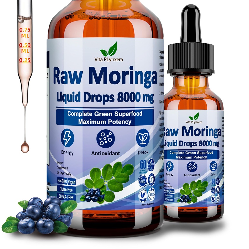 Toores Moringa Liquid Drops 8000 mg, Organic Moringa Oleifera Leaf Extract w. Supergreens Blend of Wheatgrass, odra rohi antioksüdandi, energia ja immuunsuse, kõrge potentsi kui kapslite pulber