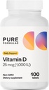PureFormulas Vitamiin D3 1000 RÜ 25 mcg - Premium D-vitamiini lisand tervete luude moodustumiseks, hambad, südame-veresoonkonna tervis ja immuuntoetus Mitte-GMO - 100 loend tabletid