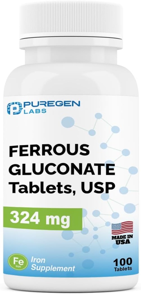 Puregen Labs Raudglükonaat 324 mg [suure tugevusega] Raualisand, õrn kõhul - 100 tabletti