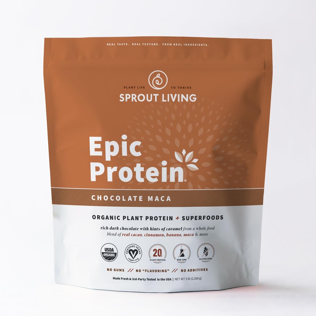 Sprout Living Epic Protein, Taimne Valk & Superfoods Pulber, Chocolate Maca Pulber | 20 Grams Orgaaniline Valk Pulber, Vegan, Mitte Piimatooted, Mitte-GMO, Gluteenivaba, Madal suhkur (5 Nael, 60 Servings)