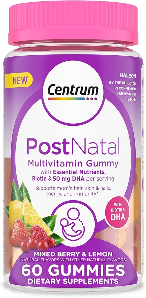 Centrum postnataalne multivitamiin Gummies biotiini ja DHA, segatud marja ja sidrunimaitsega - 60 loend, 30 päeva pakkumine