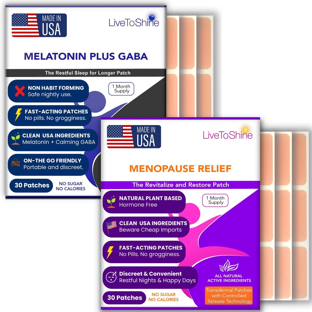Menopaus Relief ja melatoniini Sleep Patch Bundle - 2 pakendit - kuuma vilgub, öine higi, meeleolu Swings Relief Plus Restful Sleep Patches - 30 päeva pakkumine pakendi kohta (60 plaastrit) - USA Made by Live To Shine