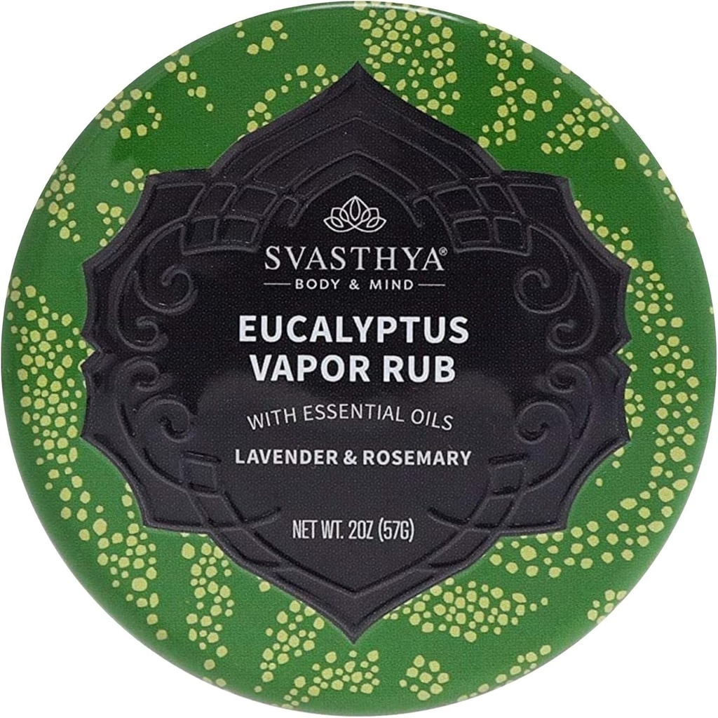 Svasthya Body & Mind Eucalyptus Vapor Rub - avab nina läbipääsud ja niisutab nahka, köha, kleepuvat nina ja ummistumist, oliiviõli, mesilasvaha, lavendel, rosmariin - valmistatud USAs, 2oz